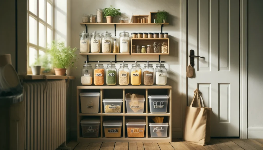 Minimalist kitchen with neatly organized glass jars of dry goods, reusable containers, a hanging grocery bag, and a small windowsill herb garden—illustrating practical frugal living habits in the home
