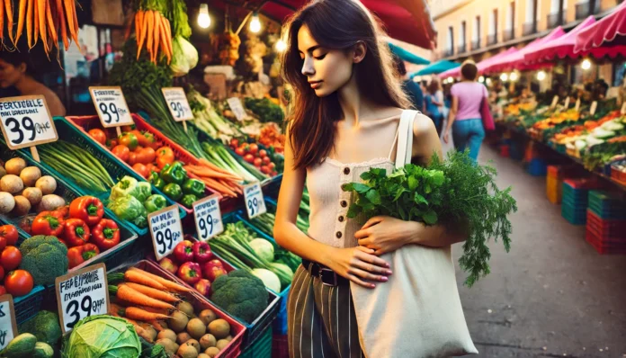 Young woman shopping at a farmers market with a cloth tote bag full of fresh produce, surrounded by vibrant vegetable stands—capturing smart, health-conscious spending for frugal living