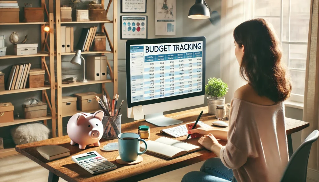 Person working at a peaceful home office desk with a computer displaying a budget spreadsheet, surrounded by a piggy bank, notepad, and tea—symbolizing mindful money tracking for effortless frugal living