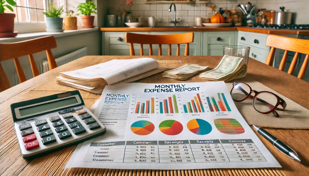 Cozy kitchen dining table with a printed monthly expense report, calculator, receipts, and glasses—representing hands-on budgeting and frugal home management