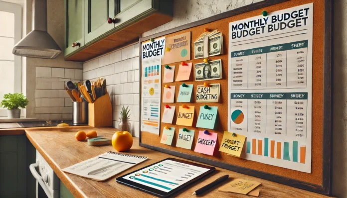 Kitchen countertop setup with a corkboard showing monthly budget templates, color-coded cash envelopes, and a tablet displaying expense data—highlighting everyday frugal living and smart money habits