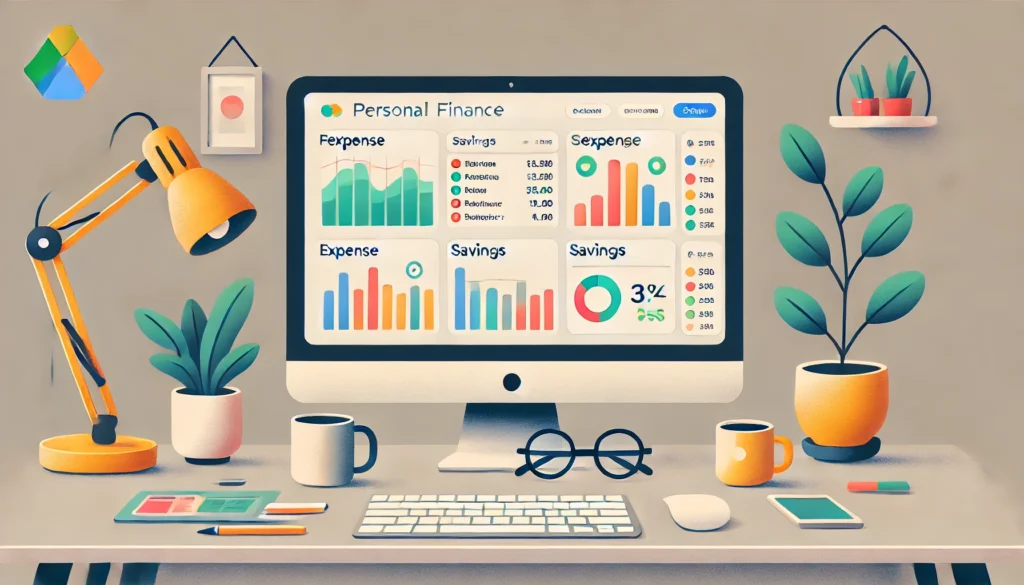A cozy home office with a desktop monitor showing a Google Sheets personal finance dashboard full of savings and expense charts, surrounded by a plant, mug, and glasses—evoking organized and frugal living