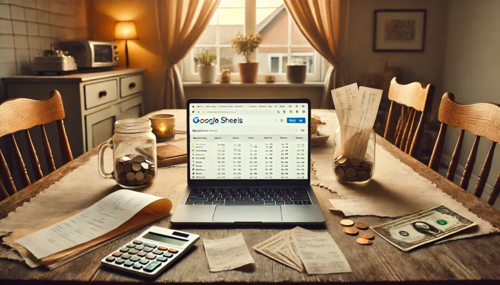 A home dining table converted into a budgeting station with a laptop showing a Google Sheets finance tracker, surrounded by receipts, a calculator, and a coin jar—illustrating hands-on, frugal money management