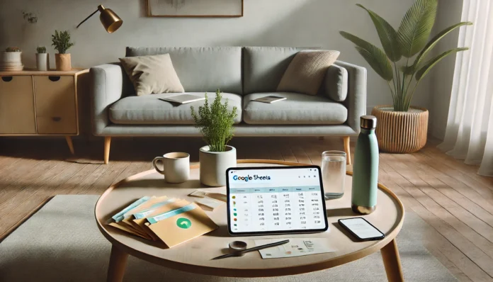 A minimalist living room featuring a tablet on a coffee table with a Google Sheets finance tracker, surrounded by budgeting envelopes, a plant, and a reusable bottle—symbolizing smart and frugal lifestyle habits