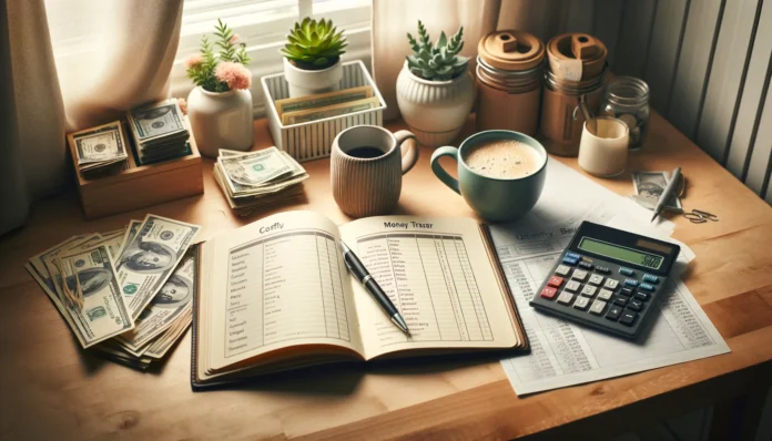 A cozy kitchen table with a money tracker book, calculator, cash envelopes, and bills in soft morning light, representing a frugal and organized household budget system