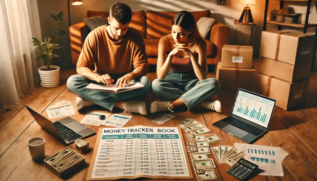 A couple in a cozy living room reviewing a money tracker book together on the floor, surrounded by bills, cash envelopes, and a laptop, symbolizing joint frugal financial planning