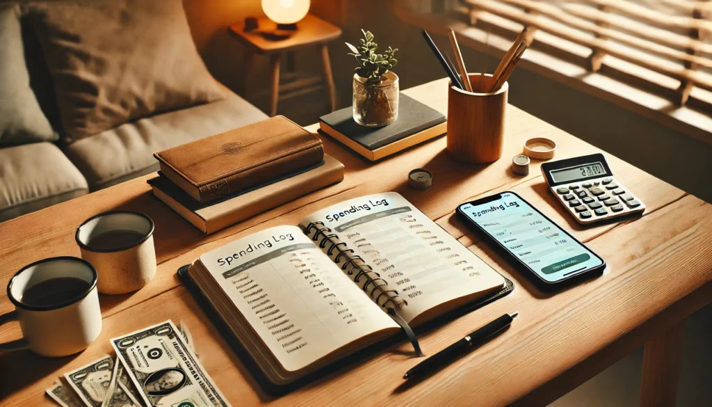 Minimalist home interior with a wooden table, an open notebook, pen, and smartphone showing a spending log app—evoking a sense of frugal living and mindful money tracking