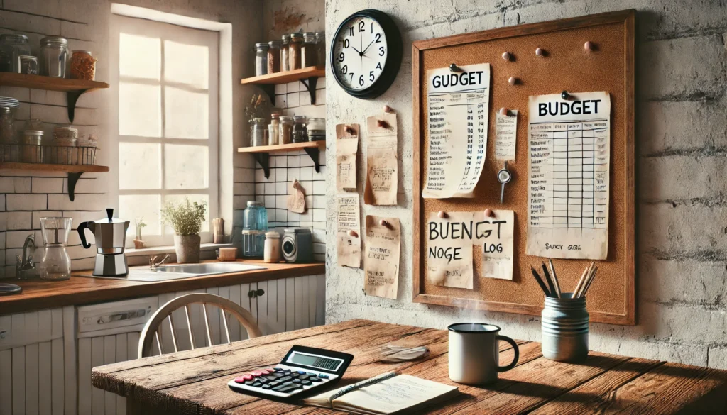 Organized kitchen scene with a corkboard holding grocery receipts above a rustic table displaying a calculator and spending log, capturing frugal home budgeting in action
