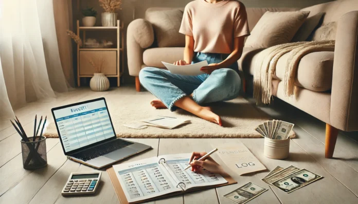 A cozy living room with a person managing finances on the floor, surrounded by bills, a laptop budgeting spreadsheet, and a paper spending log—representing intentional frugal living