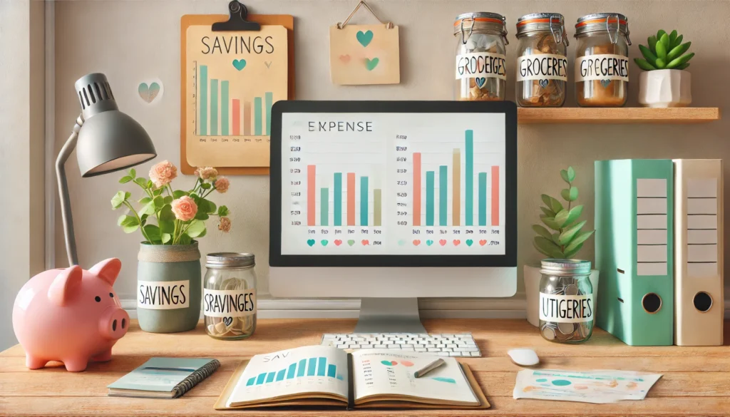 A peaceful home office scene with a computer displaying vibrant budgeting charts, a notebook of handwritten expenses, and savings jars on a shelf—visually reflecting smart, frugal financial organization