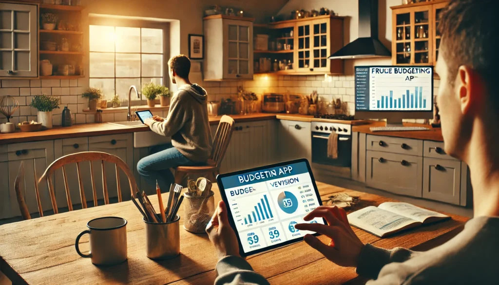 A cozy home scene where one person uses a tablet with a simple budgeting app at the kitchen table, contrasted with another person at a modern office desk analyzing complex financial graphs on a premium budgeting app, highlighting lifestyle and frugality choices