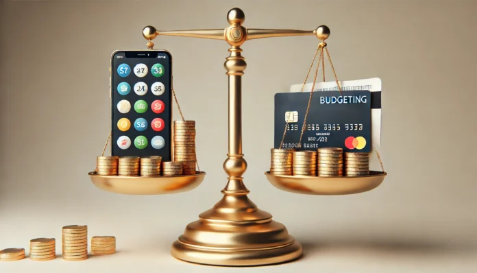 A symbolic image of a balance scale weighing two smartphones: one with a simple budgeting app and coins, representing frugal living with free tools, and the other with a detailed financial dashboard and credit cards, symbolizing the investment in premium budgeting apps