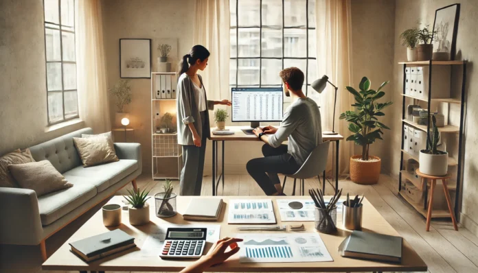 A couple managing household finances in a minimalist home office with spreadsheets and graphs on a laptop, representing smart spending and frugal living