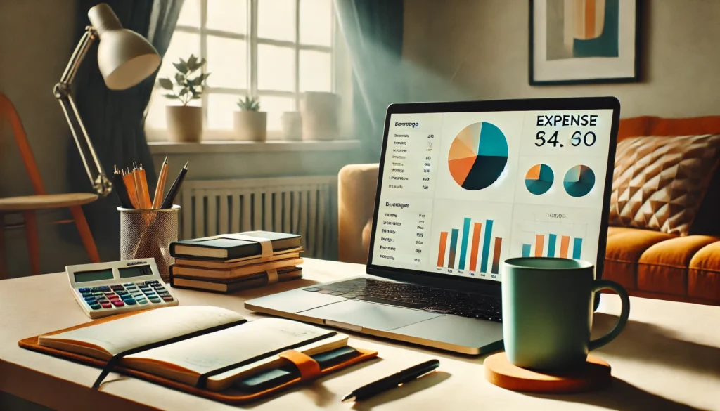 Minimalist home office with laptop displaying credit card expense charts, symbolizing organized finances and frugal living