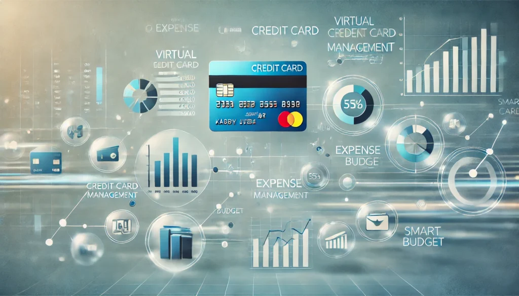 Abstract digital interface featuring credit card icons and budget graphs, visually representing seamless credit card expense tracking for frugal households