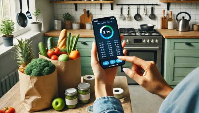 Person using credit card expense tracker app in kitchen while unpacking groceries, reflecting real-life frugal spending and smart financial management