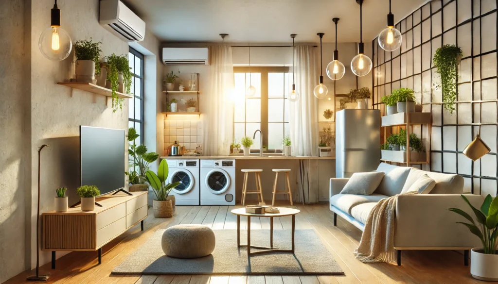 Cozy modern living room with energy-efficient appliances, LED lighting, indoor plants, and second-hand furniture, illustrating a stylish yet budget-friendly home environment