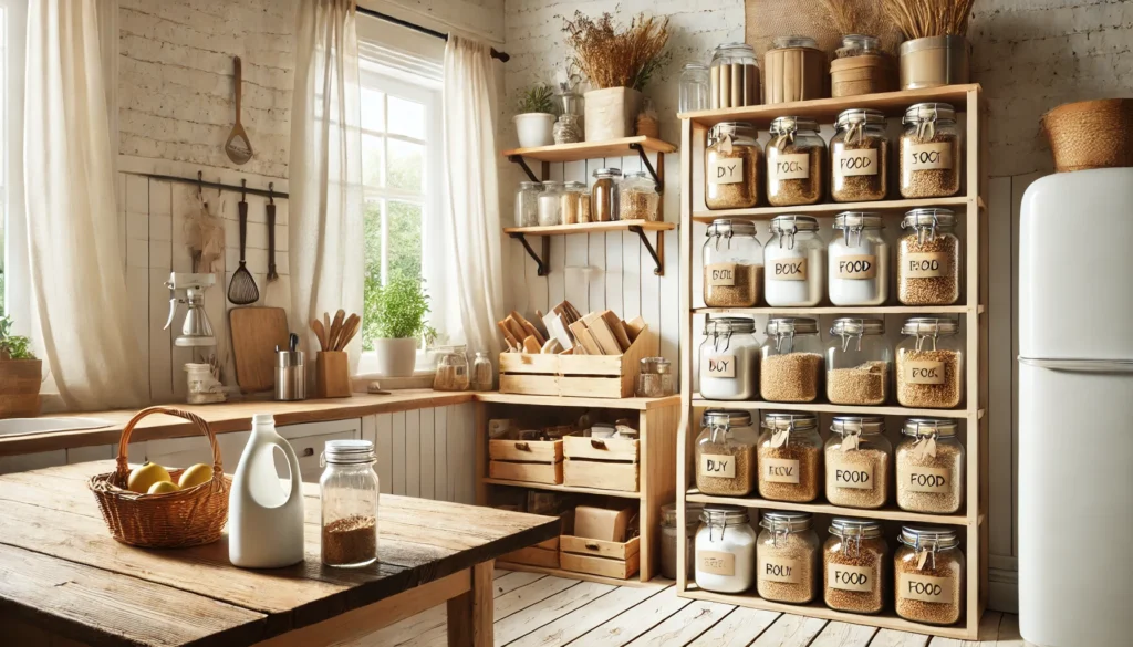 Minimalist kitchen with a rustic feel, featuring a DIY pantry, bulk food storage, and eco-friendly supplies, showcasing frugal grocery organization without compromising charm