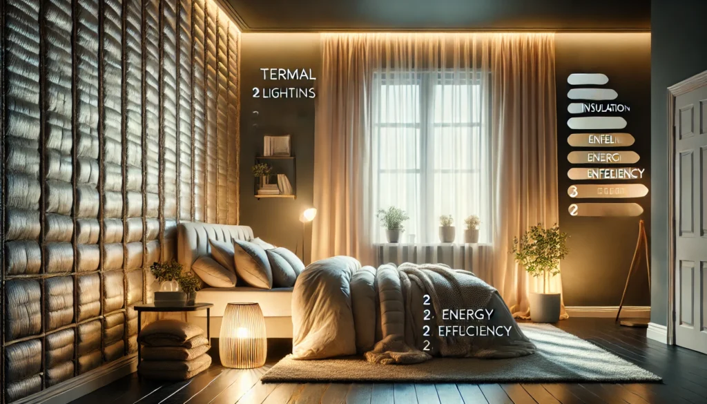Serene bedroom with cozy layered bedding, thermal curtains, and soft lighting, visually representing energy-efficient comfort on a frugal household budget