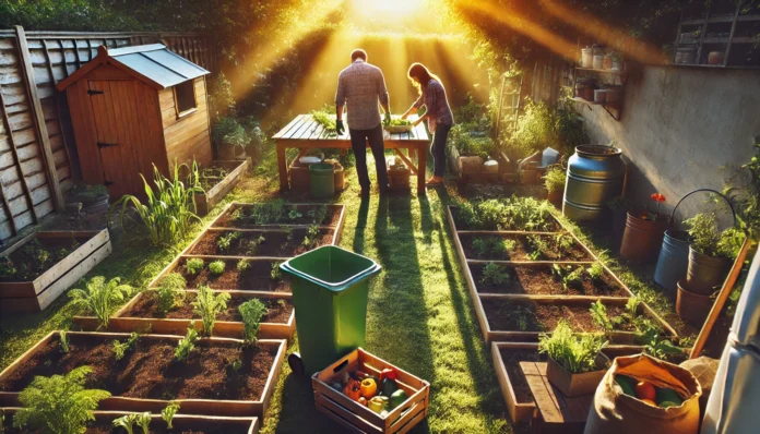 Sunlit backyard garden with raised beds, compost bin, and fresh vegetable harvest, illustrating smart frugal strategies for reducing household expenses through homegrown food