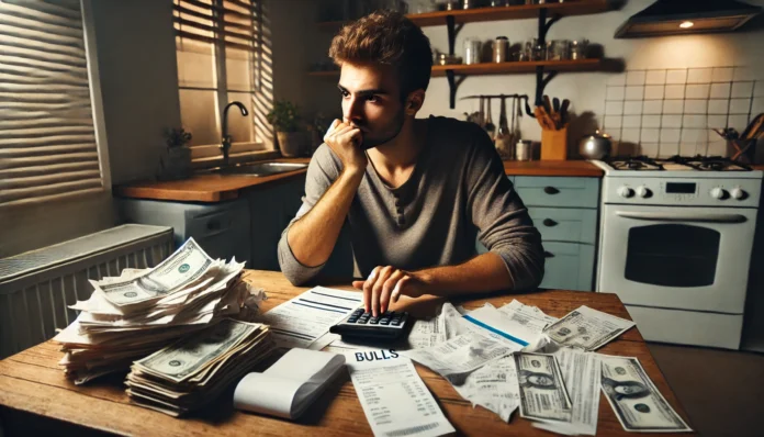 A worried young adult sits surrounded by unpaid bills, receipts, and a calculator at a kitchen table in a modest apartment, visually representing financial stress before using bill negotiation services to reduce monthly expenses