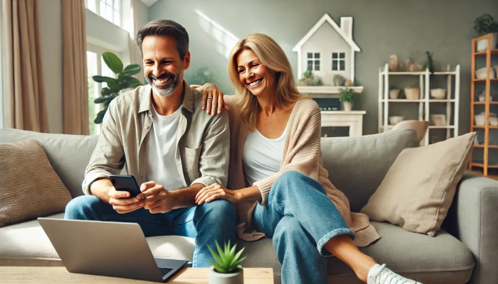 A happy couple sits comfortably on a couch, checking bills on a laptop and phone in a bright, cozy living room—illustrating the success of using bill negotiation services to instantly lower household expenses