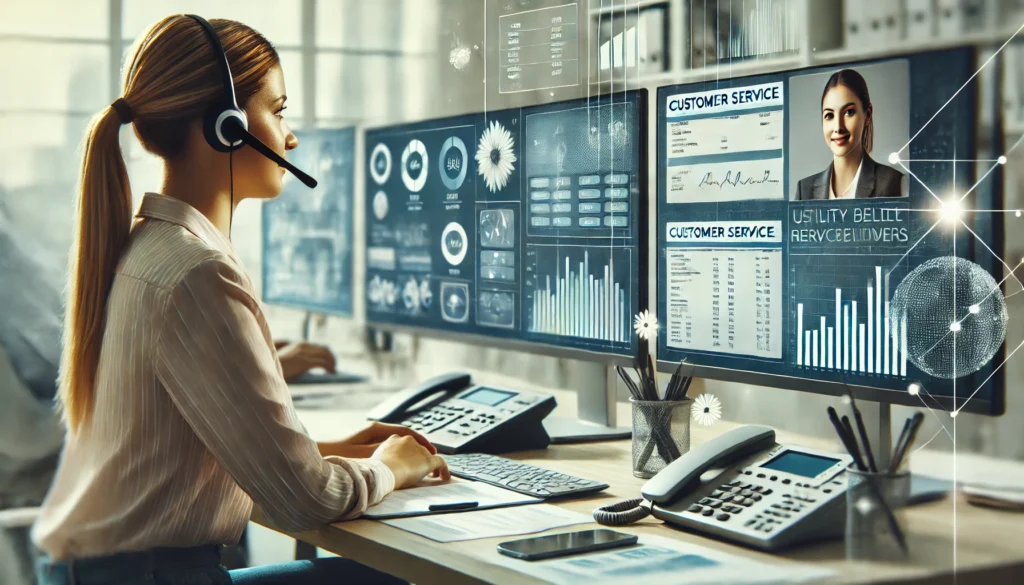 A professional bill negotiator at a modern workstation engages with service providers over multiple screens displaying utility and subscription bills, visually capturing the behind-the-scenes action of reducing monthly costs