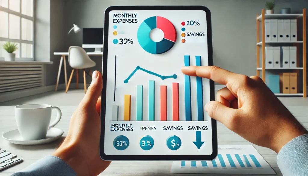 A hand points to colorful digital graphs on a tablet screen displaying a sharp decline in monthly expenses, symbolizing the measurable impact of bill negotiation services on household budgeting
