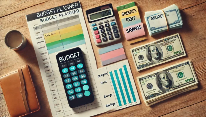 Organized flat lay of budgeting tools including cash envelopes, budget sheets, and a smartphone with expense graphs, symbolizing structured and frugal money management