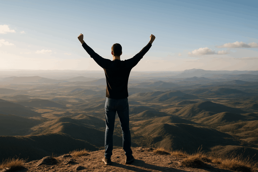 Person standing triumphantly on a mountain peak, symbolizing financial independence and the freedom to enjoy life, aligning with the concept of 10 reasons to retire early