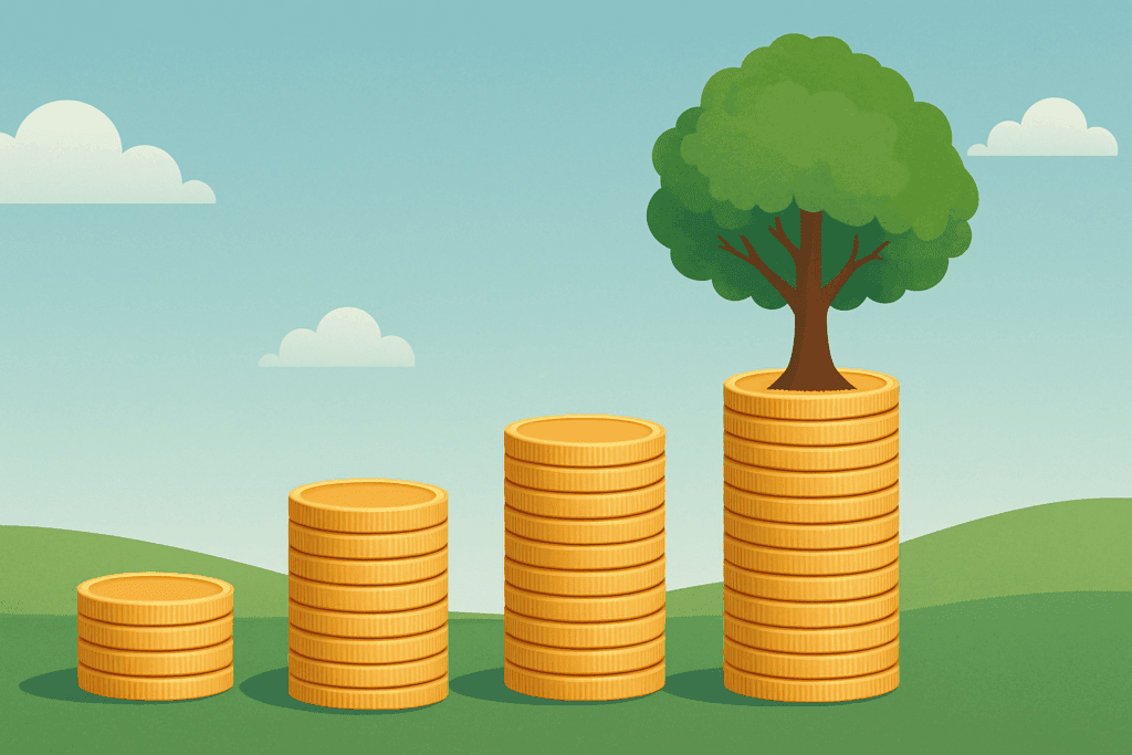 Infographic visualization illustrating the power of compound interest over time, symbolized by growing stacks of coins and a flourishing tree, representing financial growth—a key concept in 10 reasons to retire early