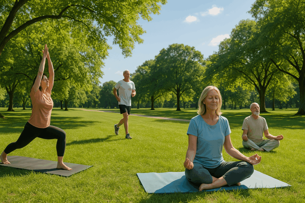 People practicing yoga, jogging, and meditating in a serene park setting, symbolizing health and well-being—one of the top 10 reasons to retire early