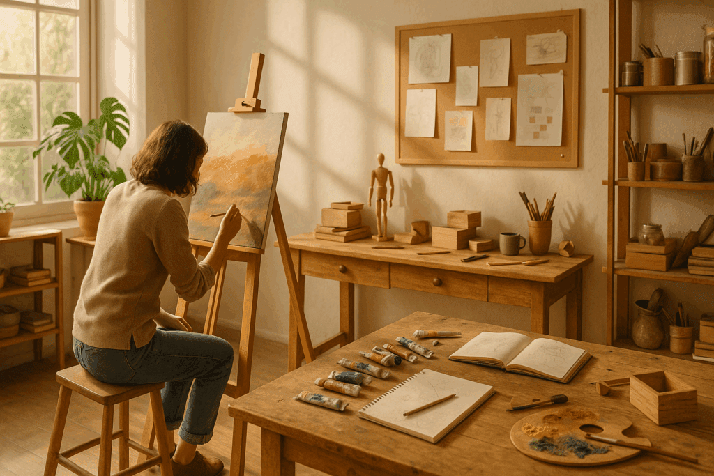 Cozy, sunlit studio where an artist paints on a canvas, symbolizing creative freedom and personal growth—one of the 10 reasons to retire early.