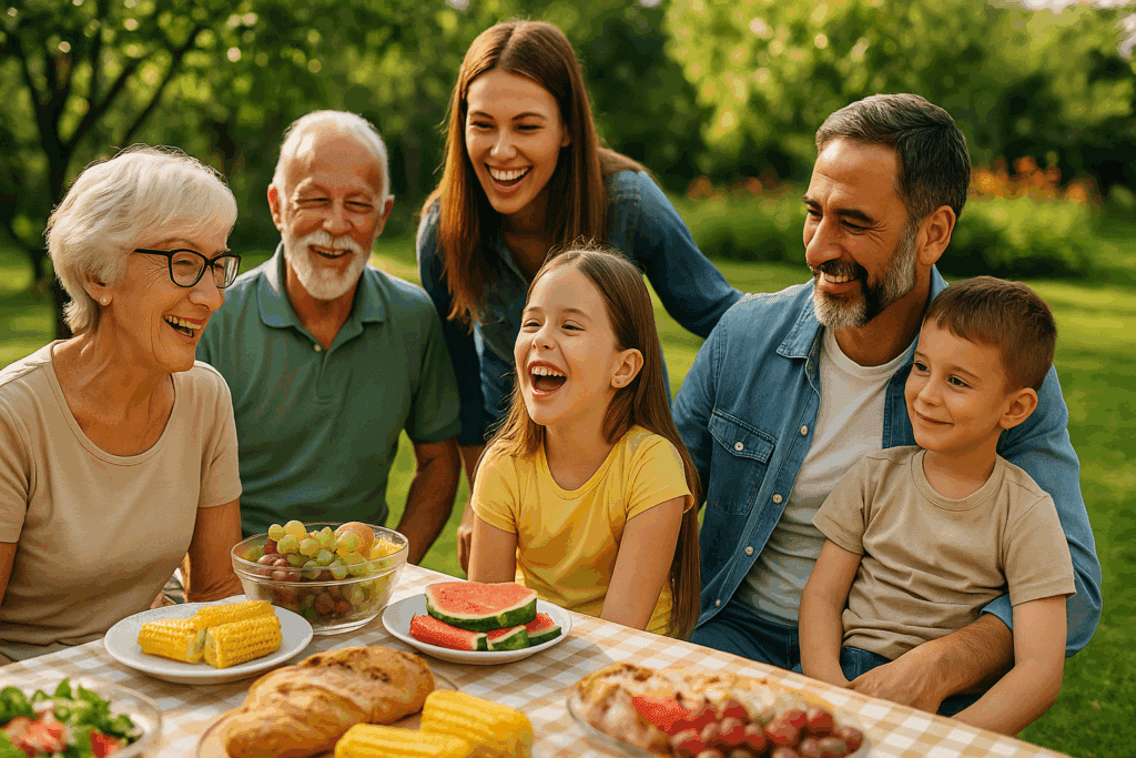 Multigenerational family enjoying a sunny picnic outdoors, symbolizing stronger family bonds and quality time made possible through early retirement—one of the 10 reasons to retire early