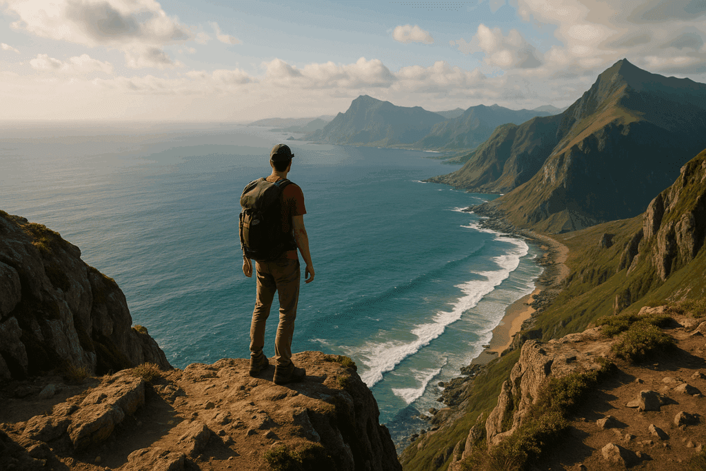 Traveler standing on a cliff edge overlooking a stunning coastline, symbolizing adventure and freedom—perfect for illustrating 10 reasons to retire early and explore the world