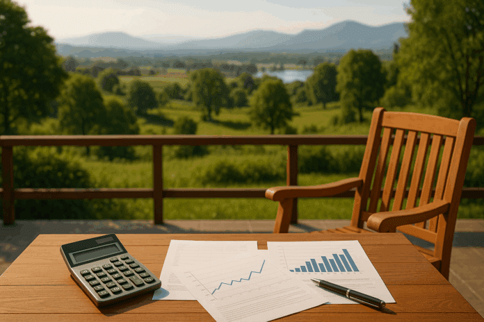 Retirement planning desk with charts, investment documents, and a modern calculator symbolizing the 4 Rule Calculator, set against a serene landscape view