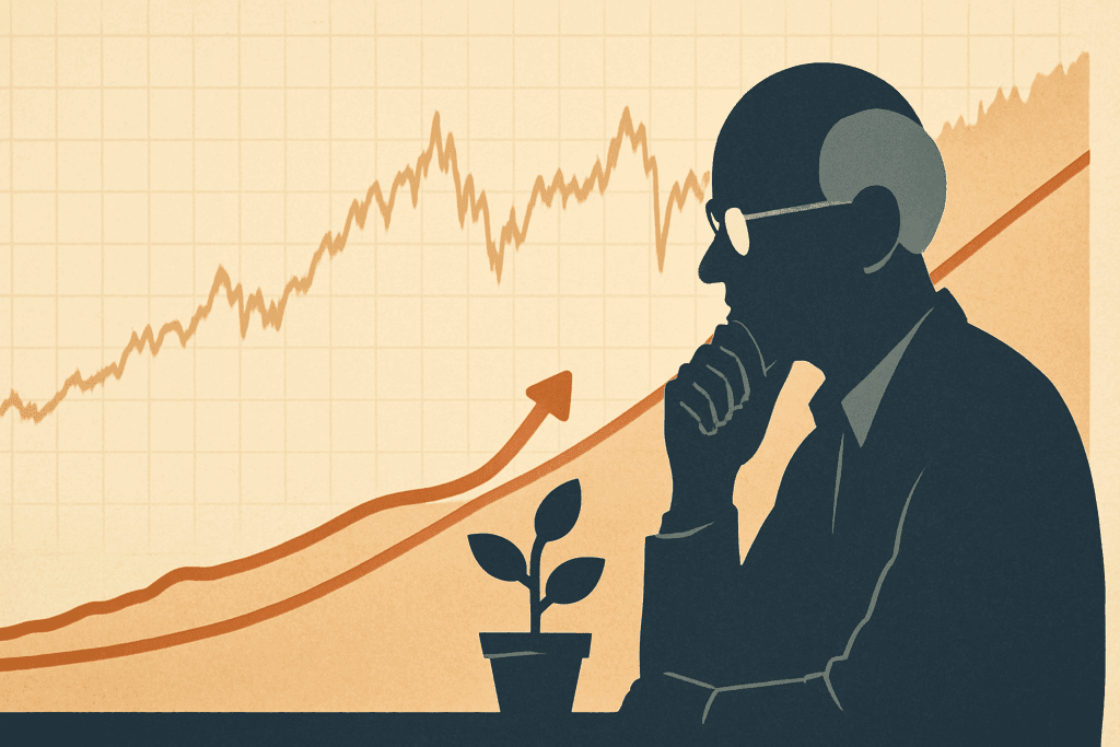 Historical financial market trends with fluctuating graphs and steady investment growth, symbolizing the origins of the 4 rule calculator concept by William Bengen