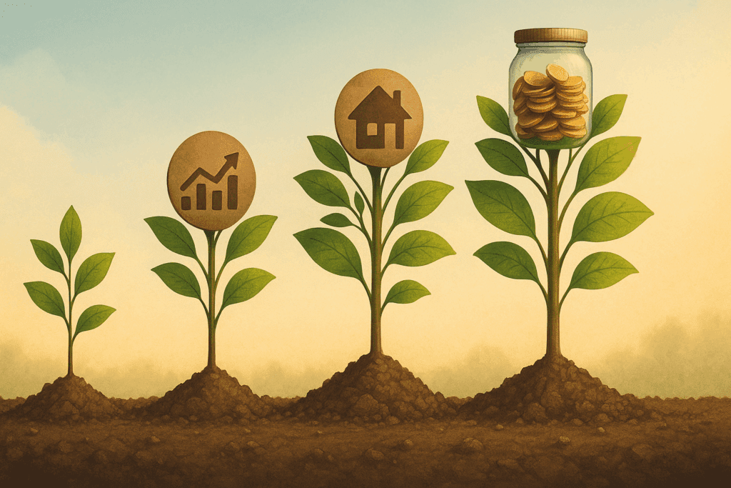 "Visual representation of the 4 rule calculator concept using branching plants symbolizing growth over time, highlighting diverse investment options like stocks, bonds, real estate, and savings