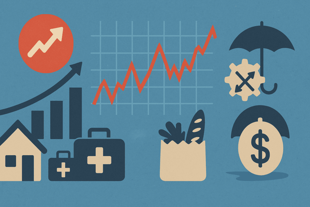Conceptual representation of the 4 rule calculator, showcasing inflation effects with icons for housing, healthcare, and groceries alongside fluctuating market graphs and protective investment strategies
