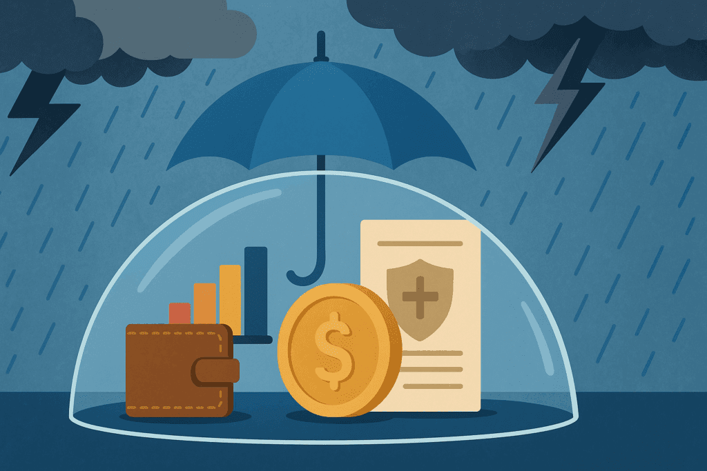 "Illustration of financial safety nets like emergency funds, insurance, and diversified portfolios protected by a barrier, symbolizing resilience during market downturns, representing the 4 rule calculator approach to financial securit