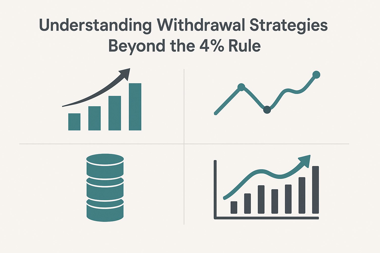 Visual comparison of retirement withdrawal strategies, including the 4 rule calculator, variable percentage withdrawal, bucket strategy, and dynamic spending adjustments, represented through minimalist icons for clear differentiation