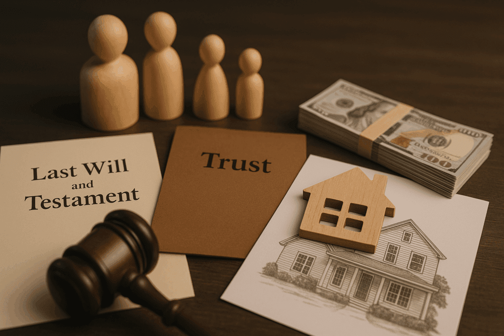 Visual representation of the 4 rule calculator concept, illustrating estate planning essentials including symbolic wills, trusts, property ownership, and family wealth transfers, emphasizing generational legacy and smooth asset transition.