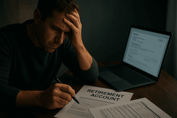 Stressed individual reviewing retirement account forms and digital applications during an e-certified-hardship-withdrawal process, symbolizing financial urgency and decision-making