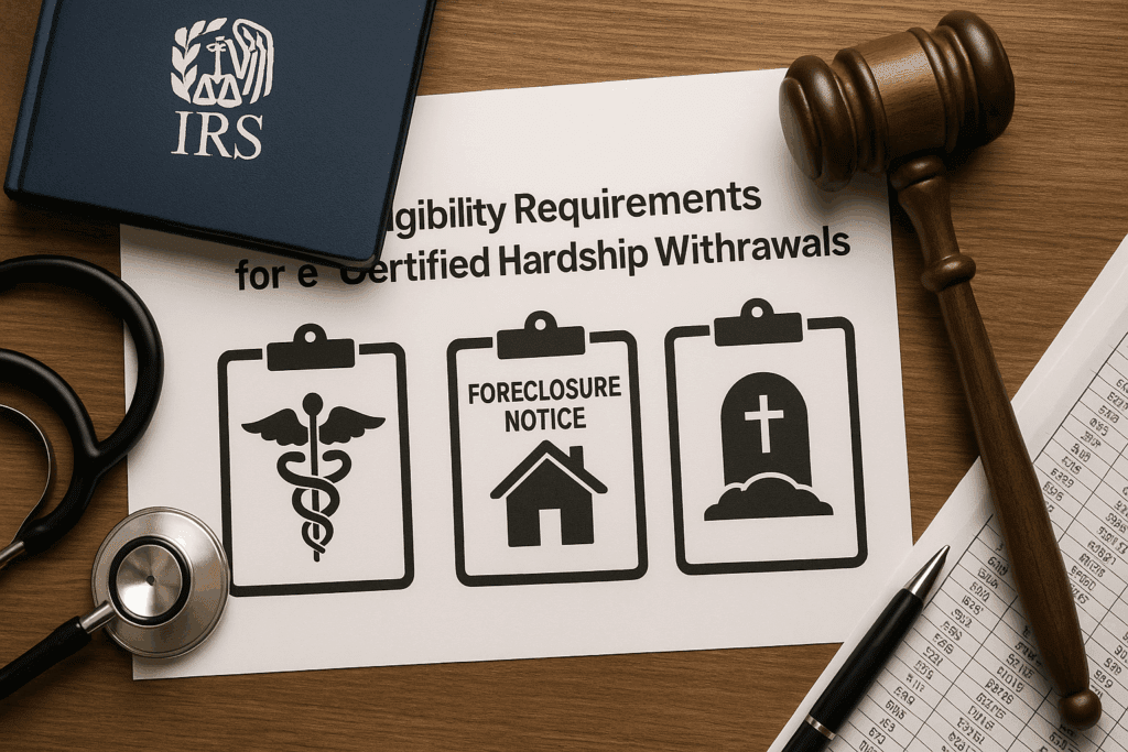 Detailed visual representation of e-certified-hardship-withdrawal eligibility, showcasing life events like medical emergencies, foreclosure notices, and funeral expenses, aligned with IRS guidelines and financial documentation