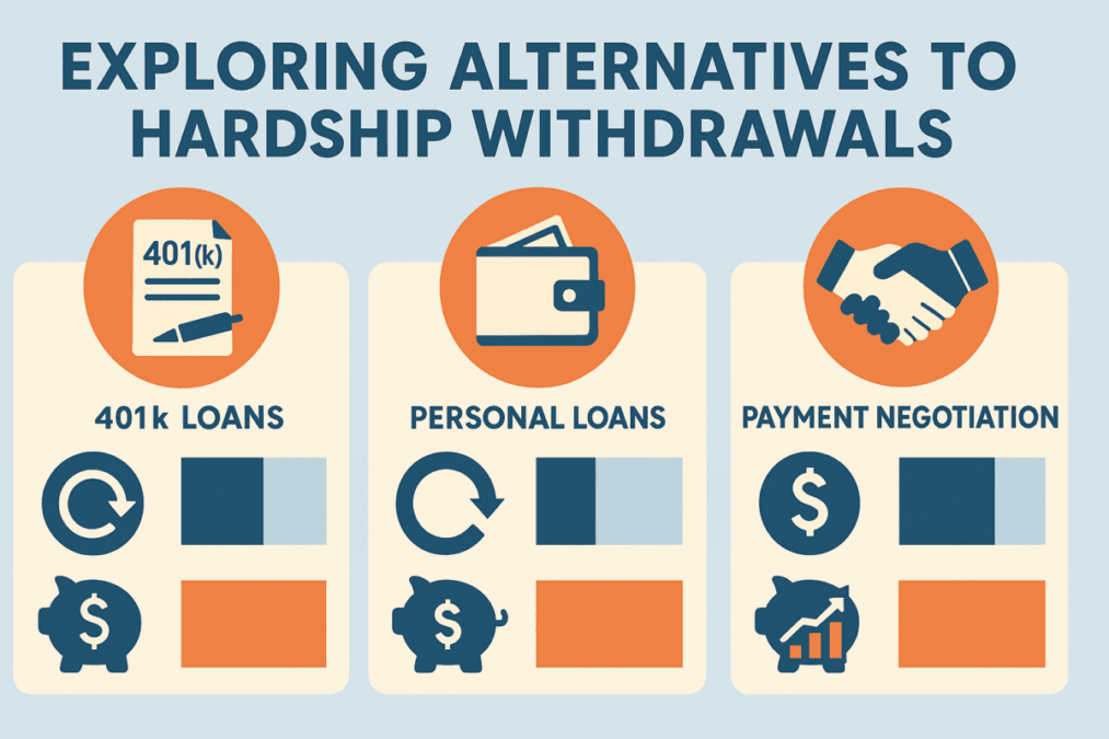 Infographic visually outlining alternatives to e-certified-hardship-withdrawal, including 401k loans, personal credit lines, and payment negotiations, highlighting their financial impact and repayment terms.