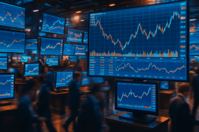 Digital stock exchange with fluctuating market charts and trading screens, symbolizing market activity and volatility—an ideal representation for understanding how to learn share market