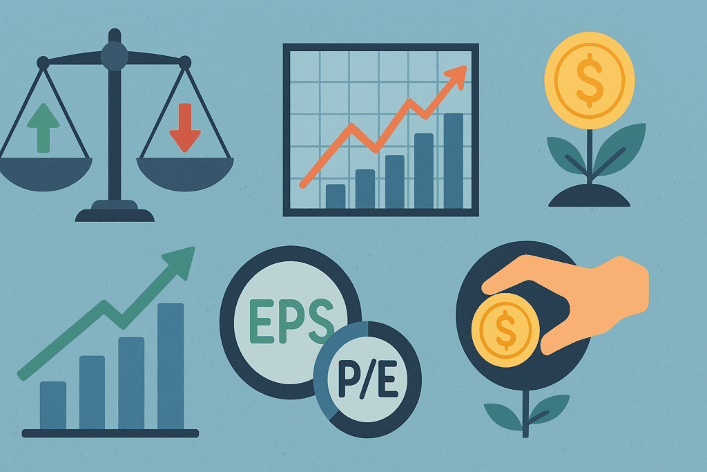 Visual representation of how to learn share market fundamentals, including supply and demand, stock pricing, EPS, P/E ratio, and dividend yields through conceptual icons and financial graphs