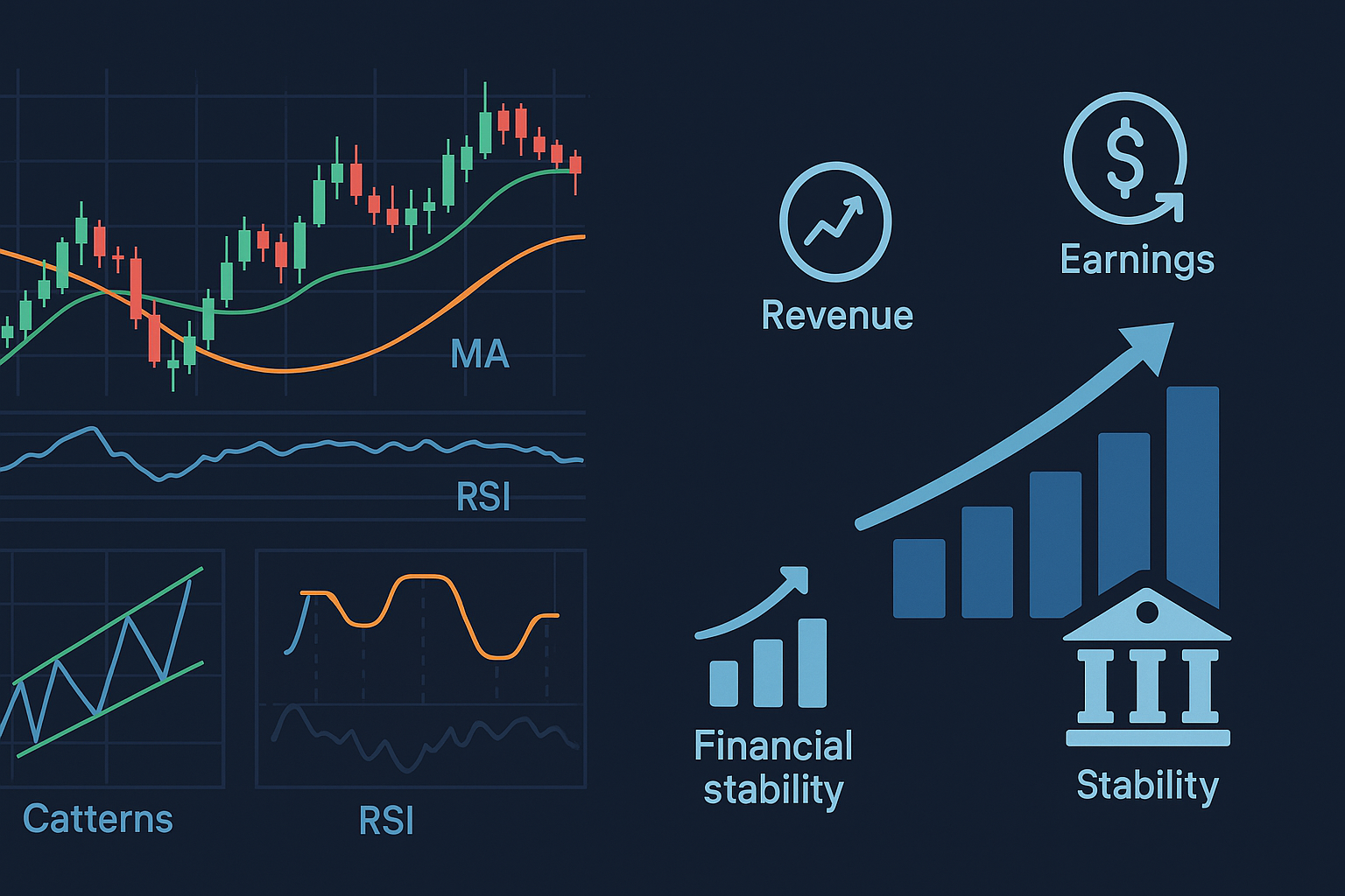 Comprehensive visual of how to learn share market, showcasing technical analysis with chart patterns, MA, RSI, and Bollinger Bands, alongside fundamental analysis icons for earnings, revenue, and financial stability