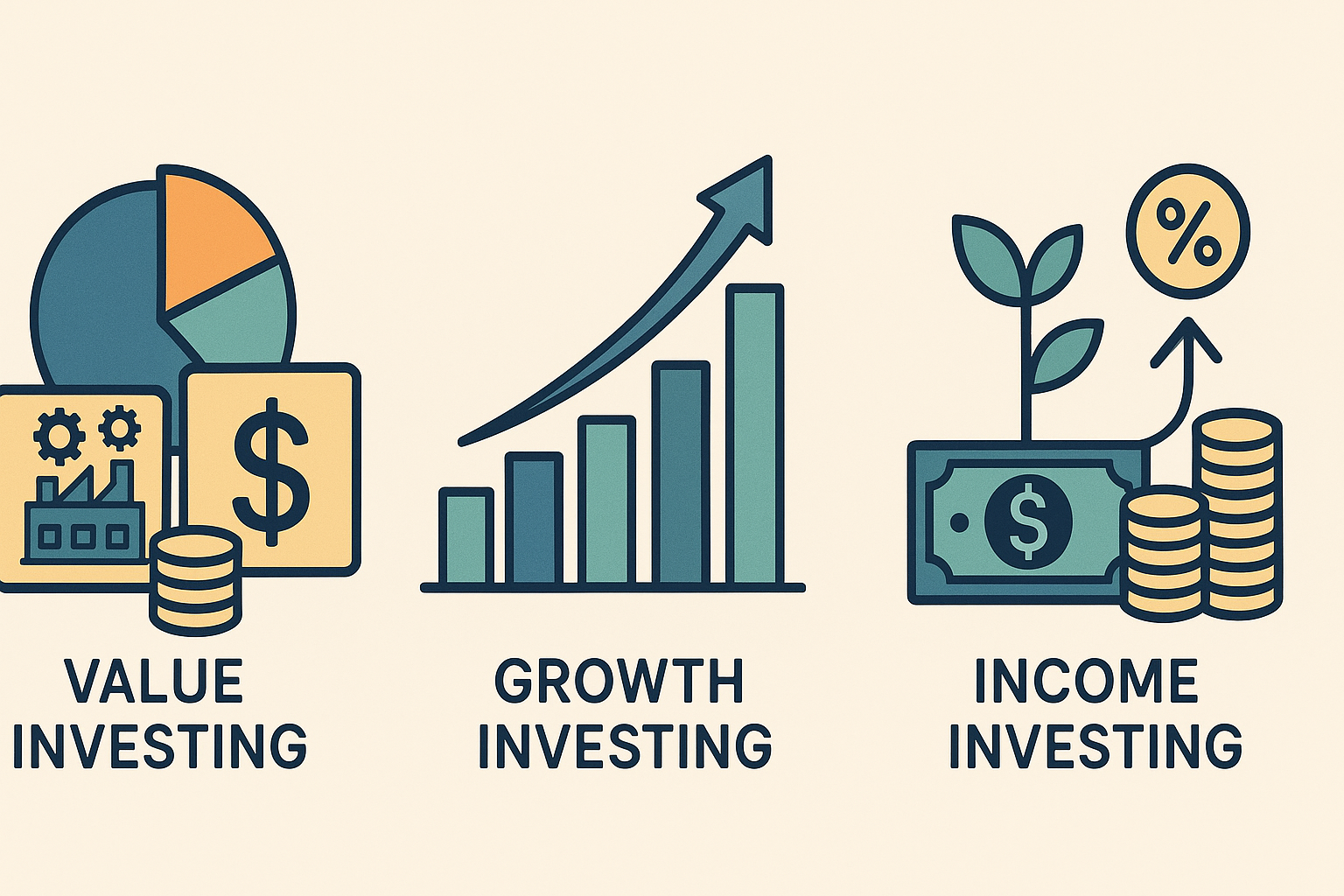 Visual representation of how to learn share market with beginner investment strategies like value investing, growth investing, and income investing, illustrated with conceptual icons of diversified portfolios and asset classes