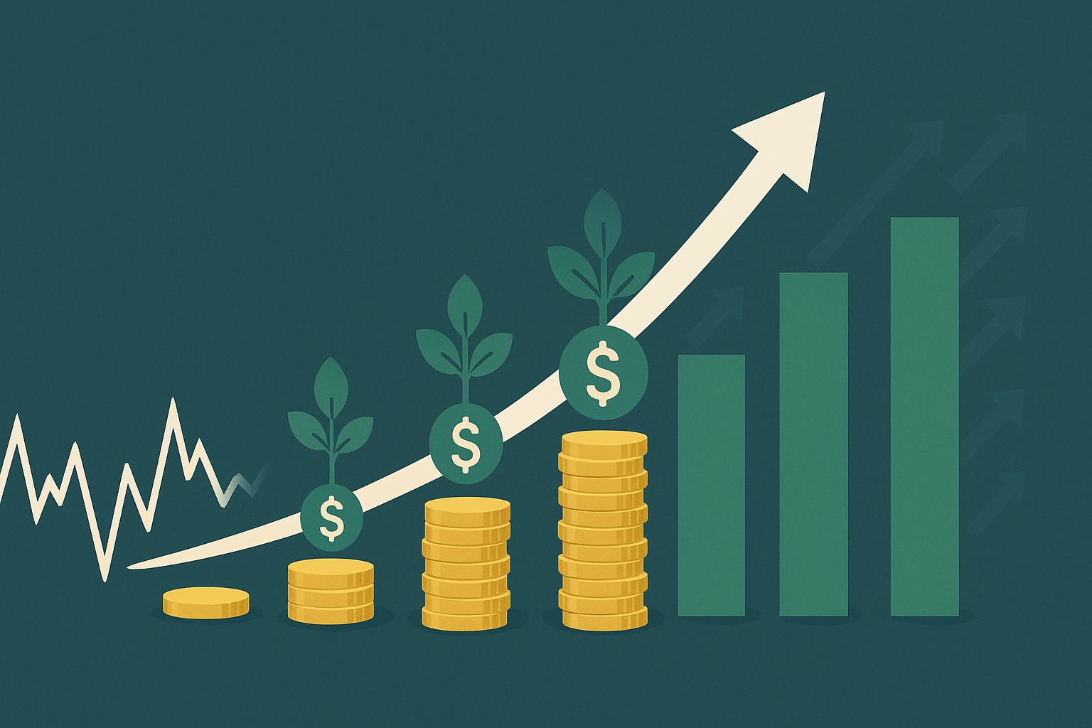 Visual representation of how to learn share market, illustrating concepts of long-term investing, portfolio growth, and compounding wealth over time with contrasting short-term trading volatility